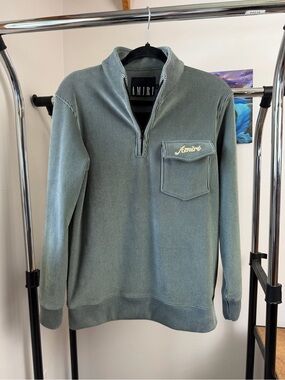 AMIRI Sage Green Ribbed Quarter-Zip Sweater with Chest Pocket